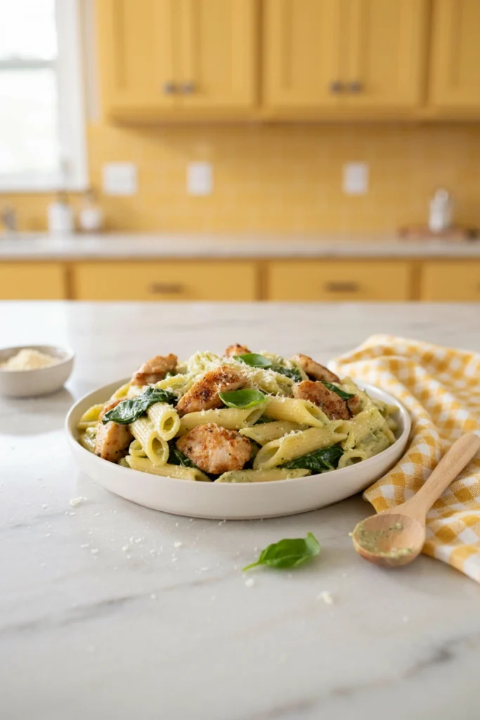 Creamy pesto chicken pasta with spinach and parmesan