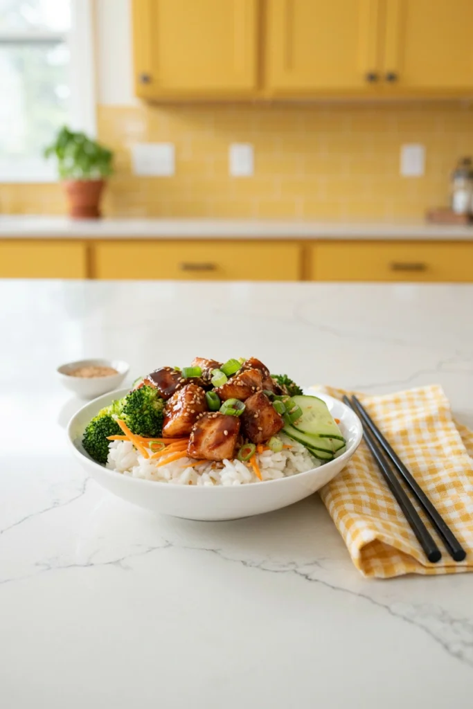 Teriyaki salmon bowl with rice and edamame