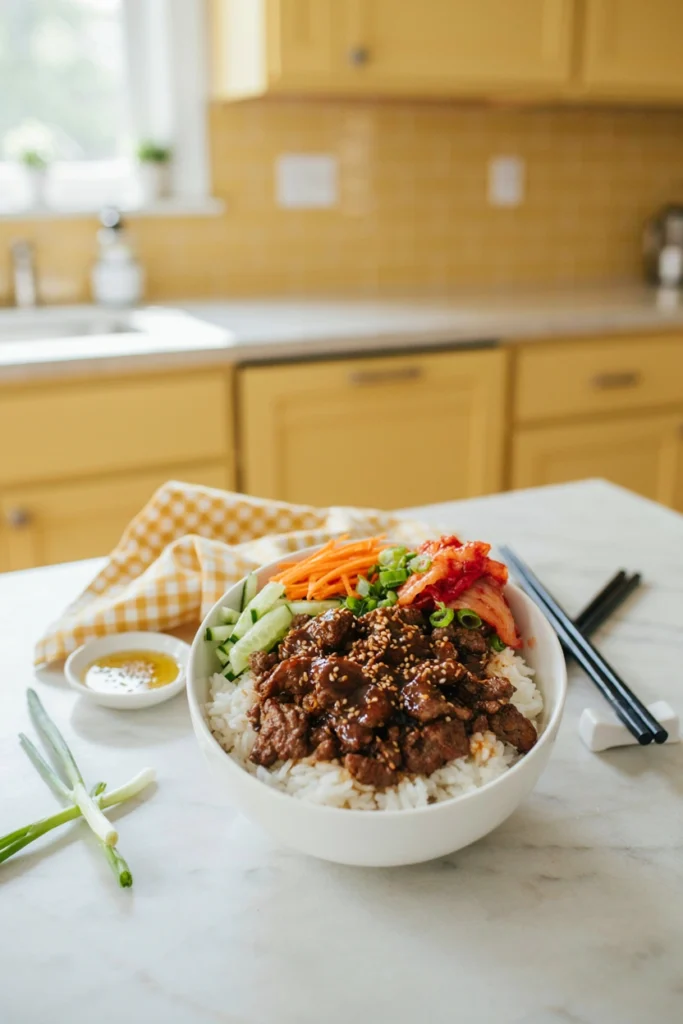 Korean-style beef bowl with rice and green onion