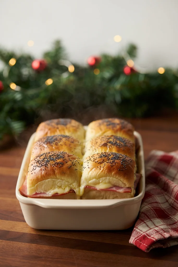 A tray of golden ham and cheese sliders brushed with poppy seed glaze, sliced into individual portions