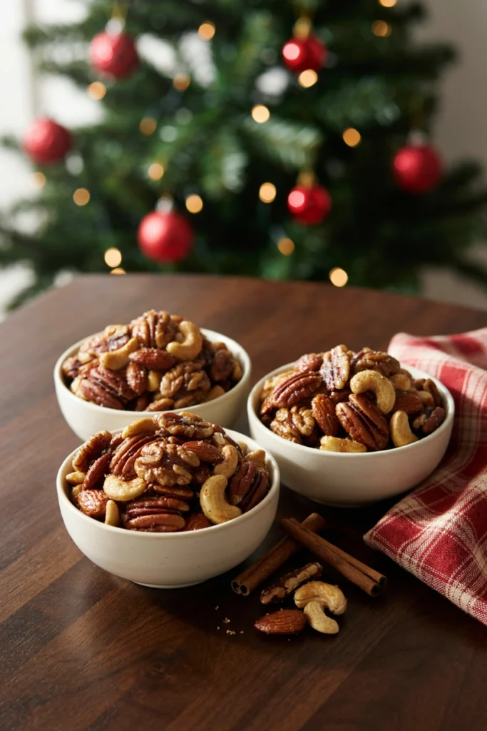 Warm spiced nuts served in small bowls with a rich, toasted color