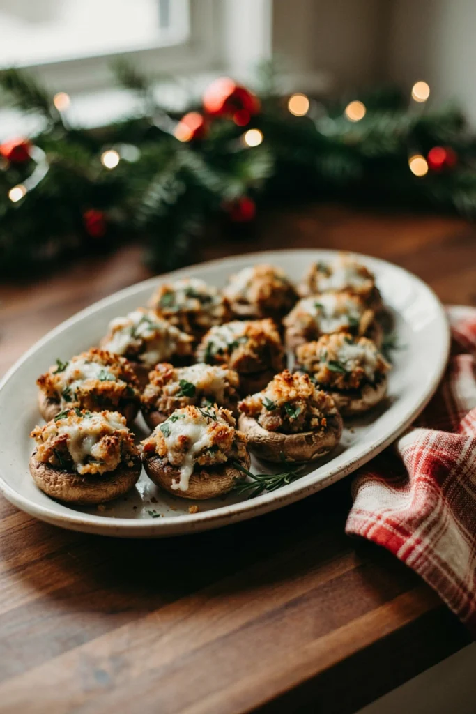 Baked sausage-stuffed mushrooms, golden and bubbling on a tray