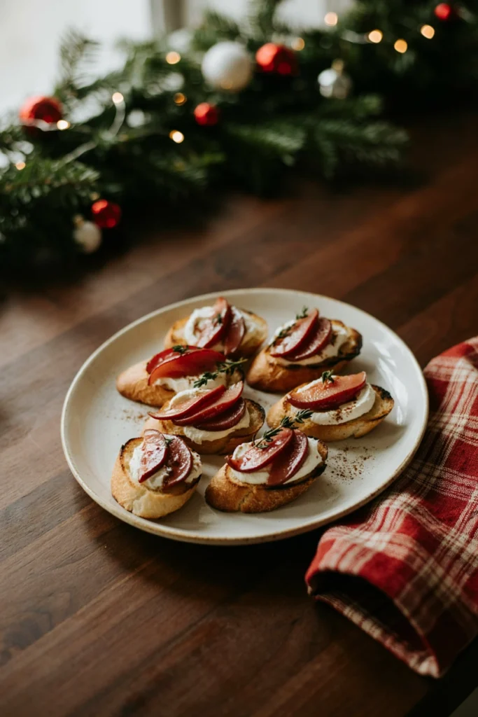 Crostini topped with slices of mulled wine poached pear and whipped mascarpone, garnished with cinnamon