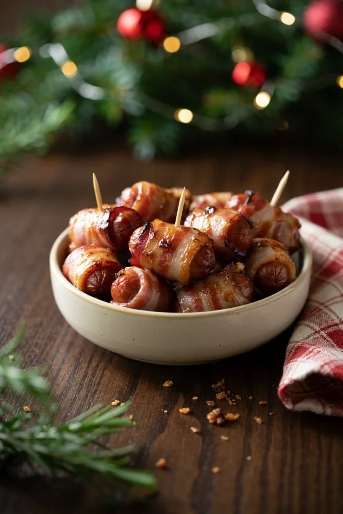 Bacon-wrapped little smokies glazed and caramelized on a baking sheet, with toothpicks