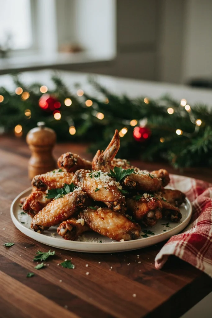 Crispy garlic parmesan chicken wings piled on a platter, garnished with parsley