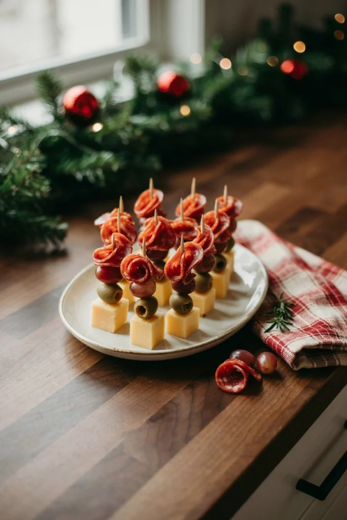Mini charcuterie bites on cocktail picks with salami, cheese, olives, and grapes