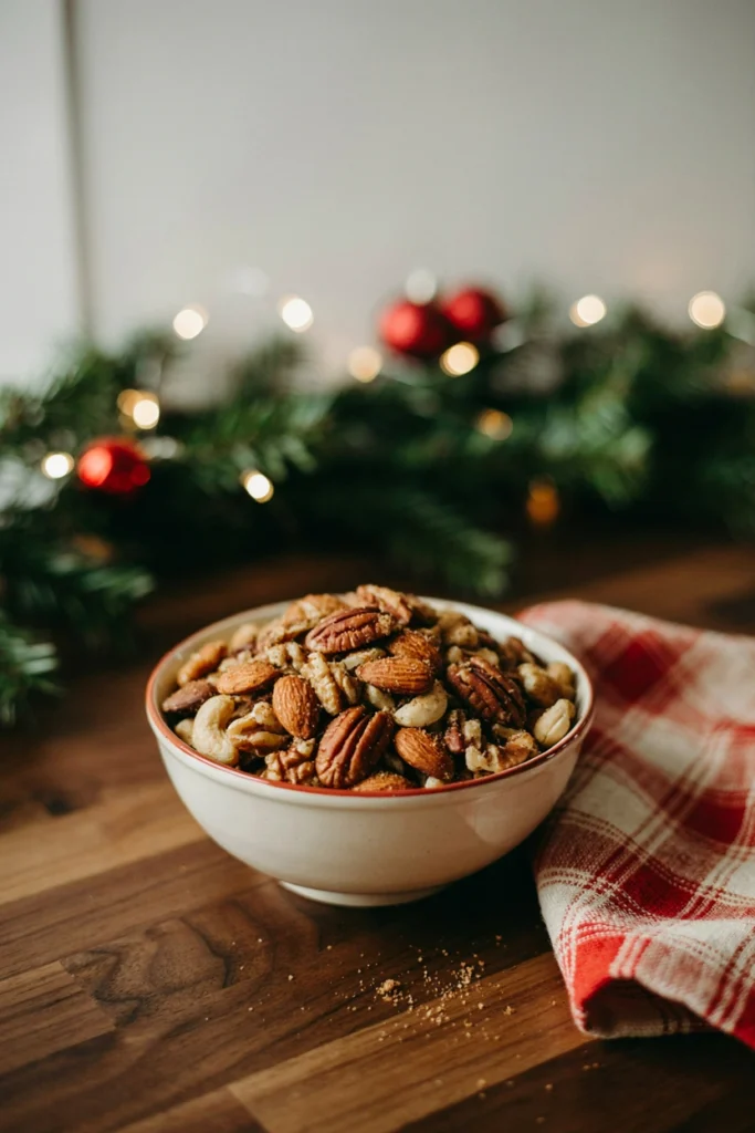 Gingerbread spiced nuts with a sugary, spiced coating in a decorative holiday bowl
