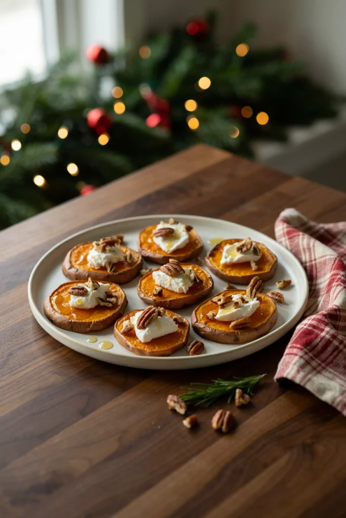 Roasted sweet potato rounds topped with goat cheese and a drizzle of honey