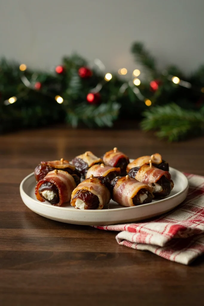 Bacon-wrapped dates roasted until caramelized on a baking sheet
