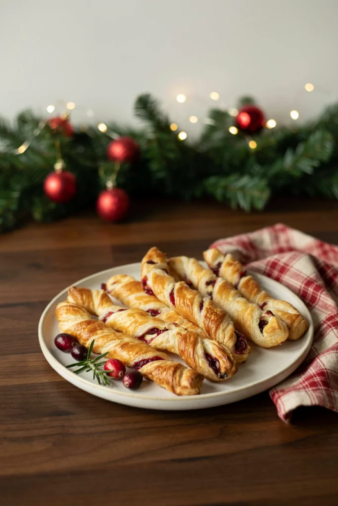 Cranberry brie puff pastry twists arranged on a baking sheet before baking