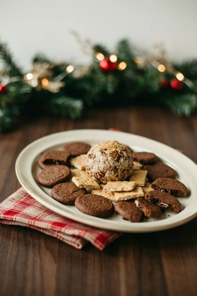 A round eggnog-spiced cheese ball rolled in cinnamon and nutmeg, served with gingersnaps