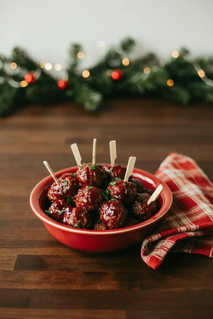 Mini cranberry-glazed meatballs in a red serving dish with toothpicks