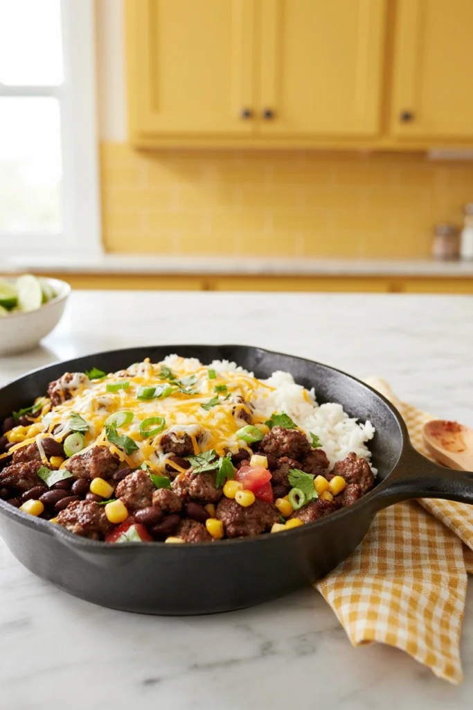 Taco beef skillet with black beans and corn
