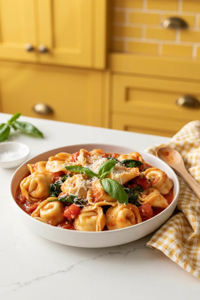 Creamy tomato and spinach tortellini in a bowl