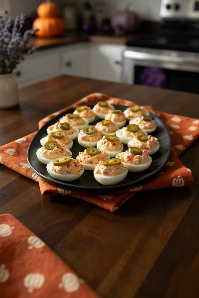 Spicy Pimento Cheese Deviled Eggs - Halloween appetizer recipe