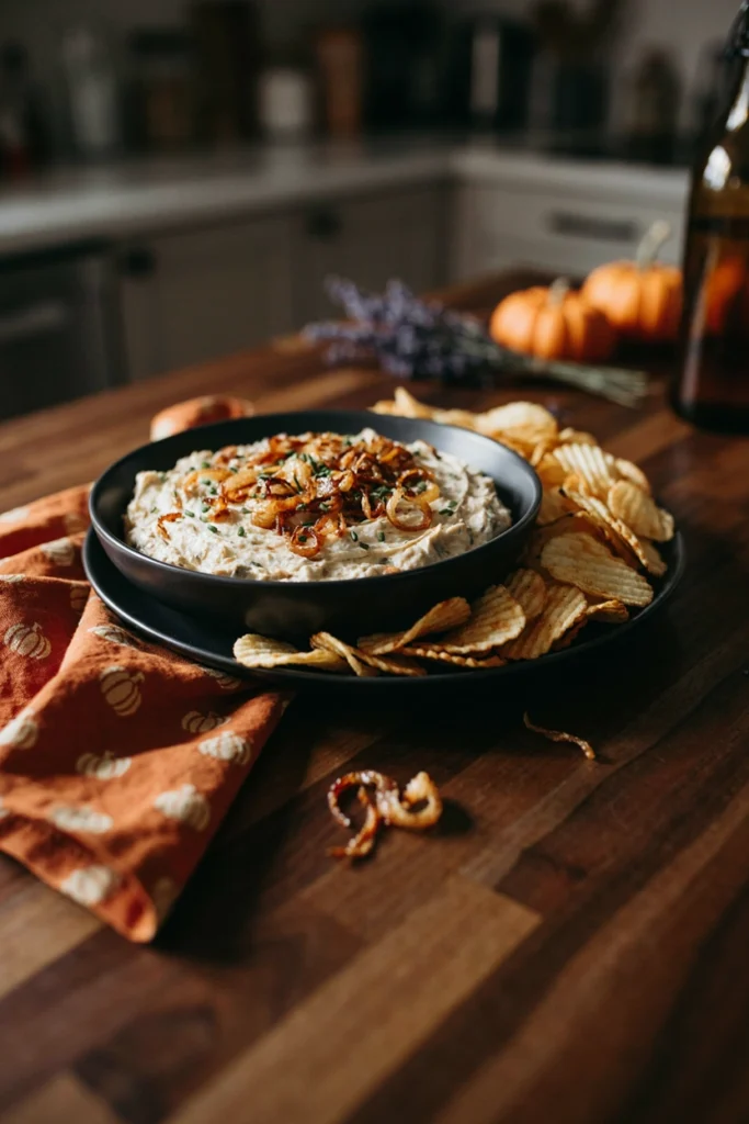 French Onion Dip with Crispy Shallots - Halloween appetizer recipe