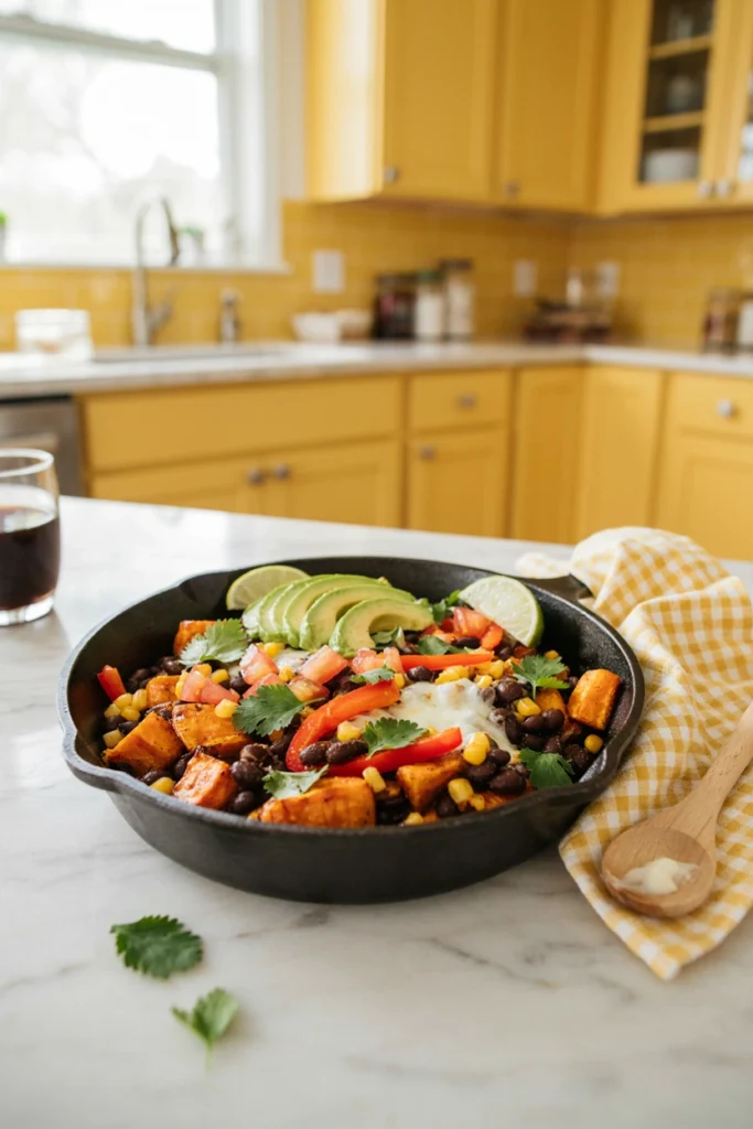 Sweet potato and black bean skillet with avocado