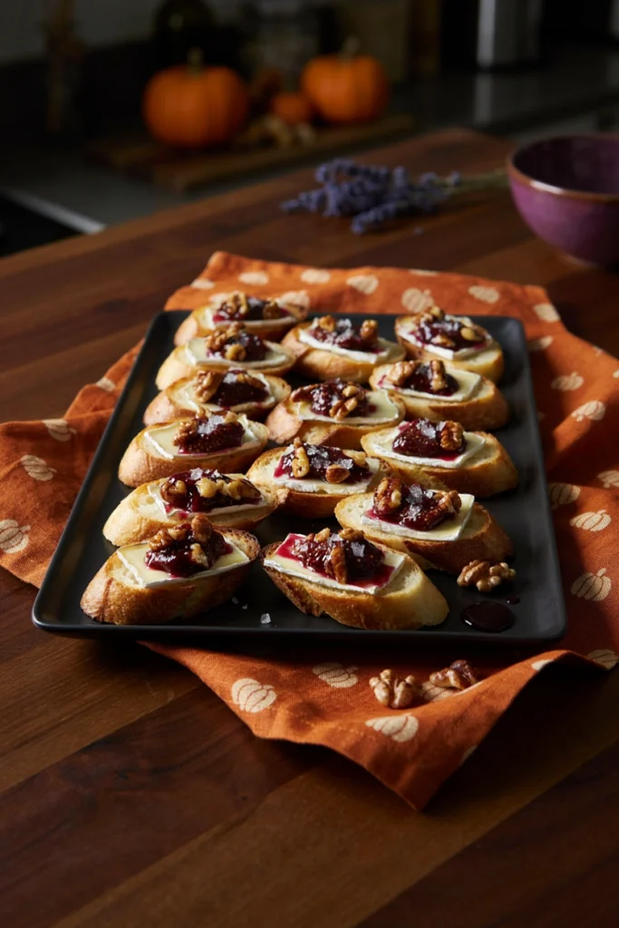 Brie and Fig Jam Toasts with Candied Walnuts - Halloween appetizer recipe