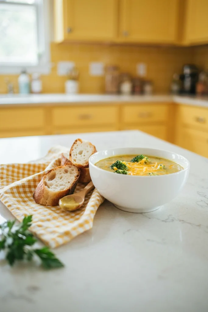 Broccoli cheddar soup with crusty bread