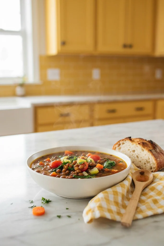Lentil soup with spinach in a bowl