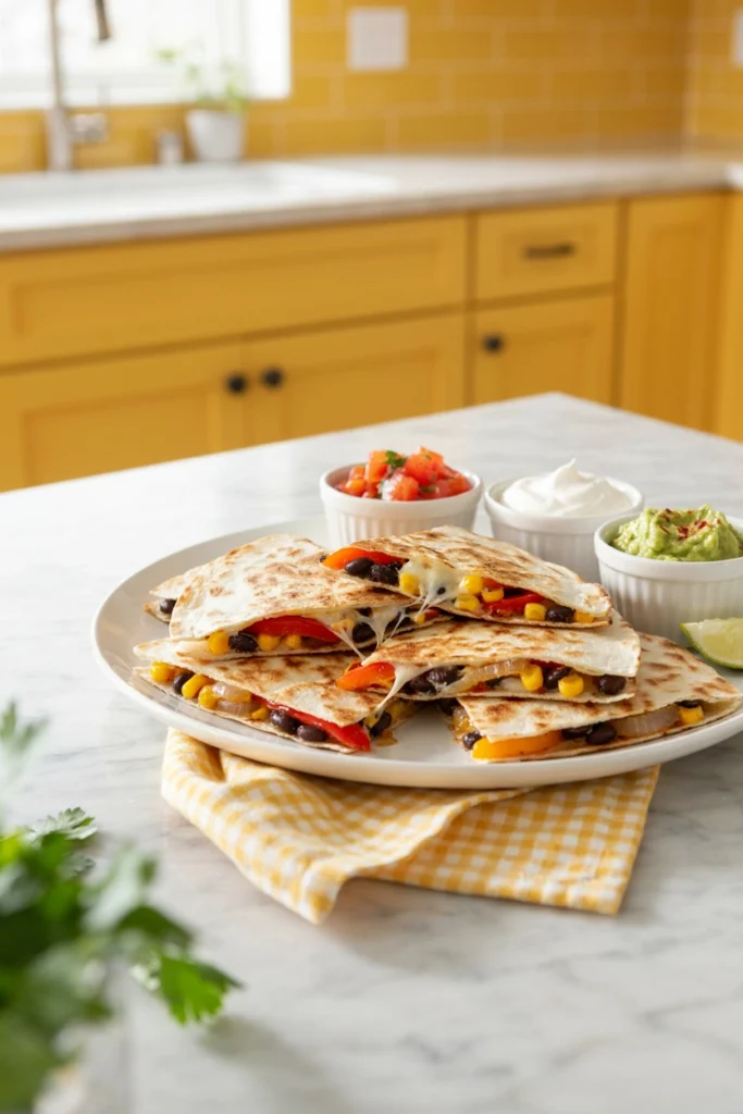 Veggie quesadillas sliced into triangles