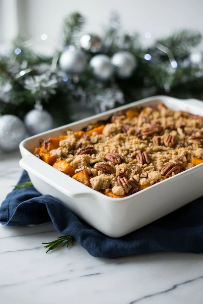 Roasted Sweet Potatoes with Cinnamon Pecan Streusel, Christmas potluck recipe
