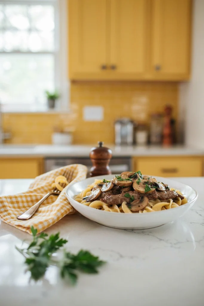 Beef and mushroom stroganoff over egg noodles