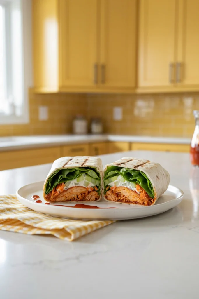 Buffalo chicken salad wraps sliced in half