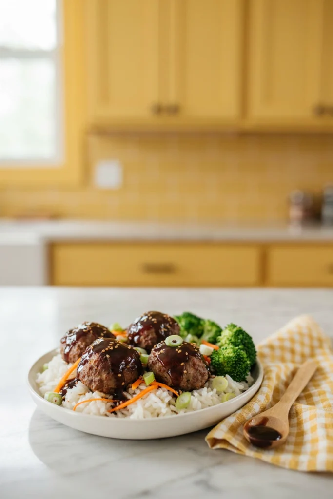 Teriyaki meatballs glazed and served over rice