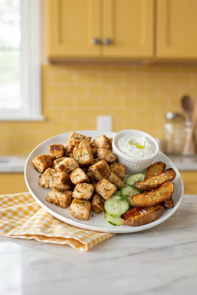 Ranch-seasoned chicken bites in a skillet