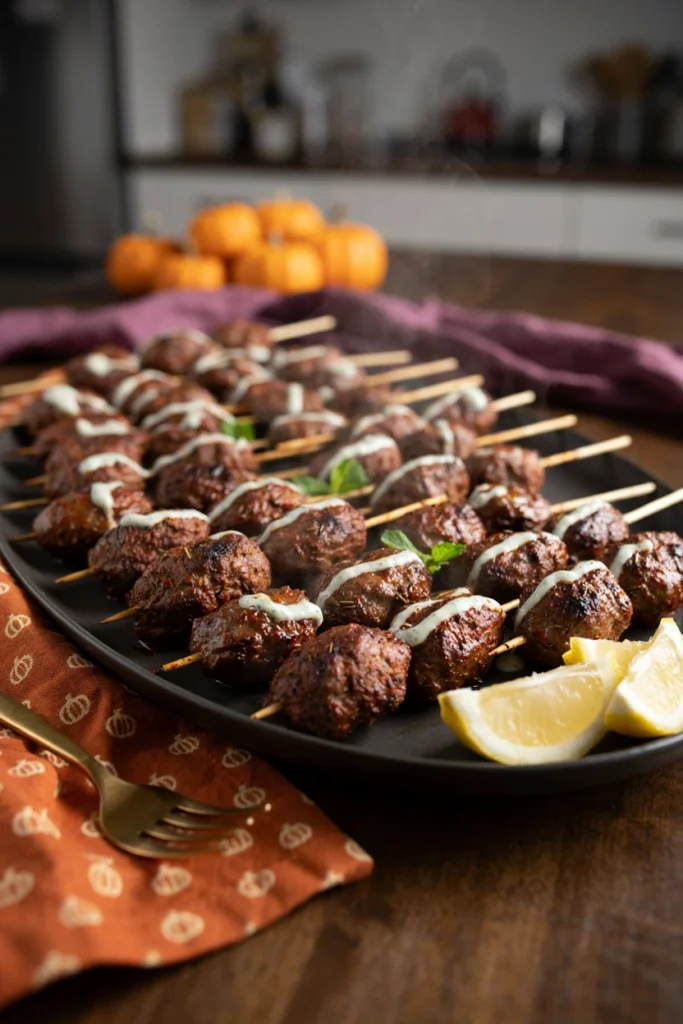 Harissa Lamb Meatball Skewers - Halloween appetizer recipe