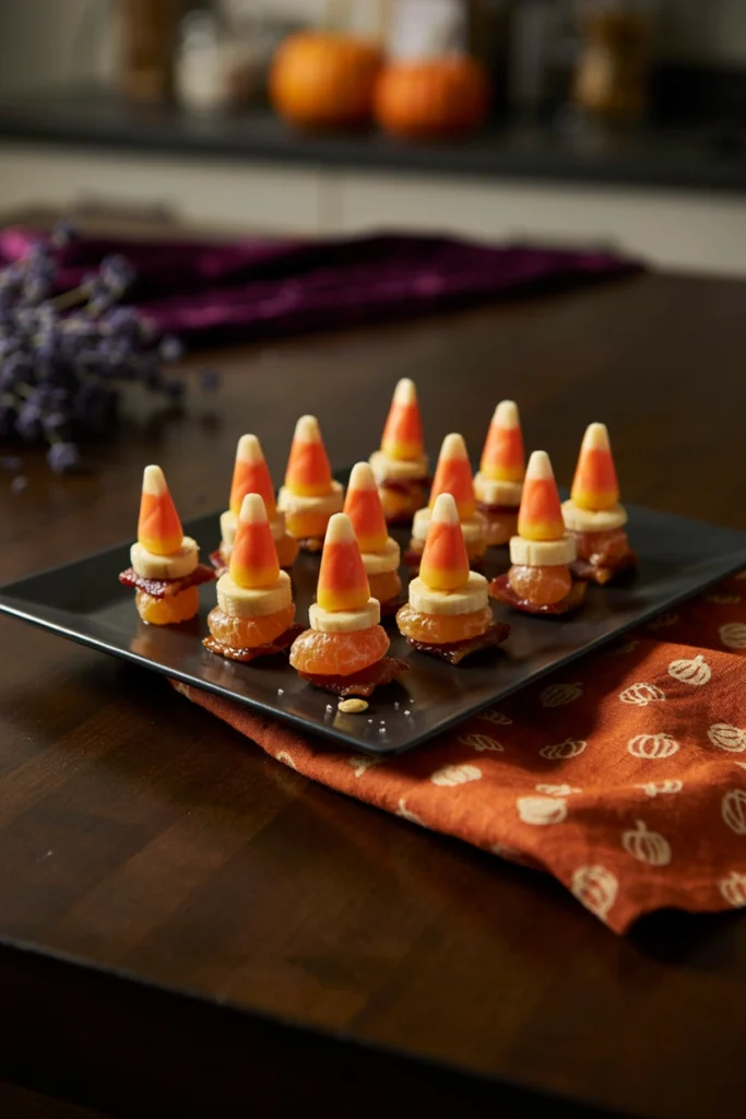 Bacon Candy Corn Skewers - Halloween appetizer recipe