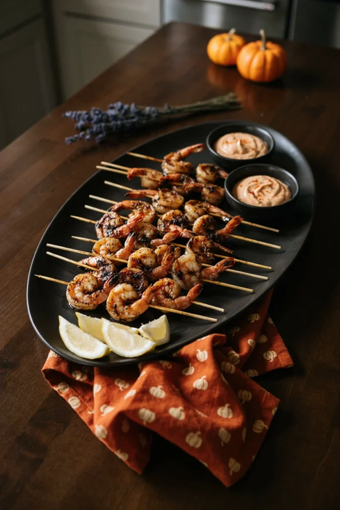 Blackened Shrimp Skewers with Cajun Aioli - Halloween appetizer recipe