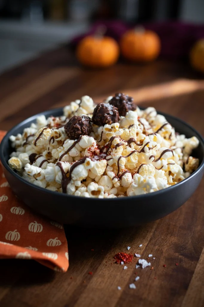 Chocolate-Drizzled Chili Popcorn - Halloween appetizer recipe