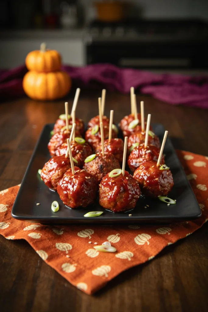Firecracker Chicken Meatballs - Halloween appetizer recipe