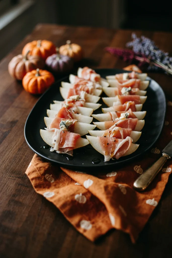 Prosciutto-Wrapped Pear with Blue Cheese - Halloween appetizer recipe