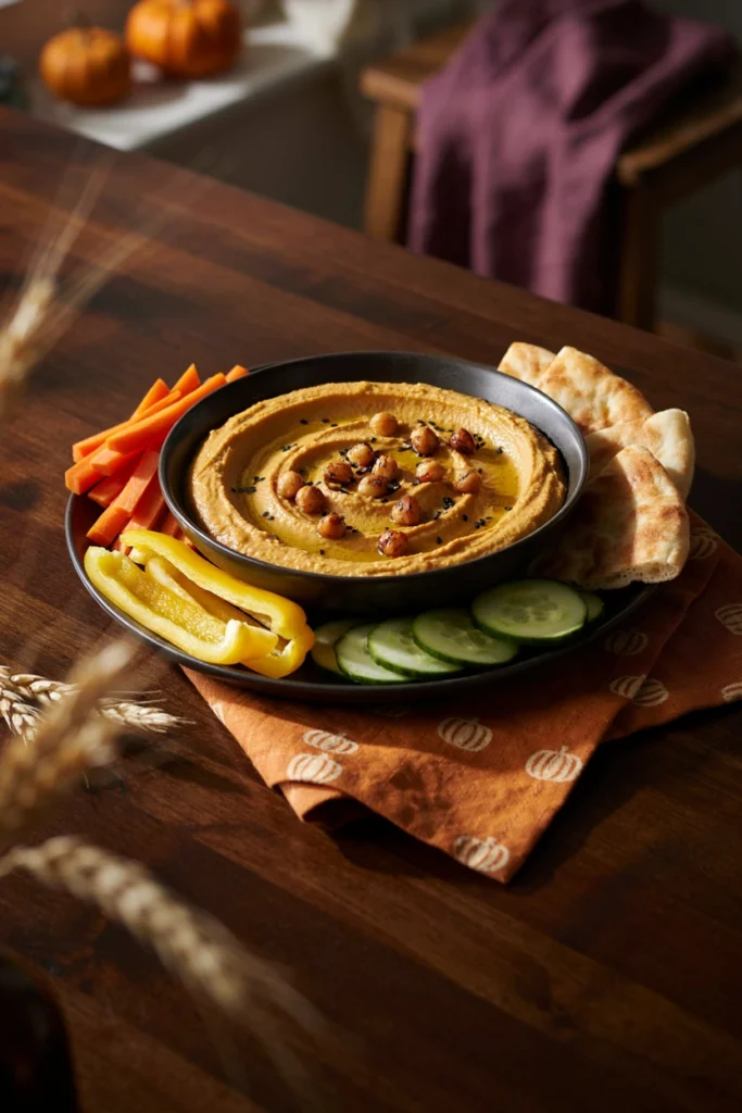 Roasted Garlic Pumpkin Hummus Platter - Halloween appetizer recipe