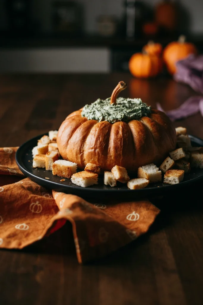 Spinach Dip Pumpkin Bread Bowl - Halloween appetizer recipe