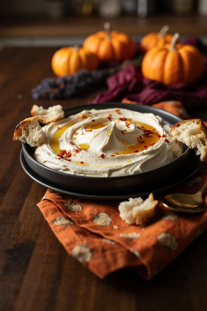 Whipped Feta with Hot Honey and Chili Crisp - Halloween appetizer recipe