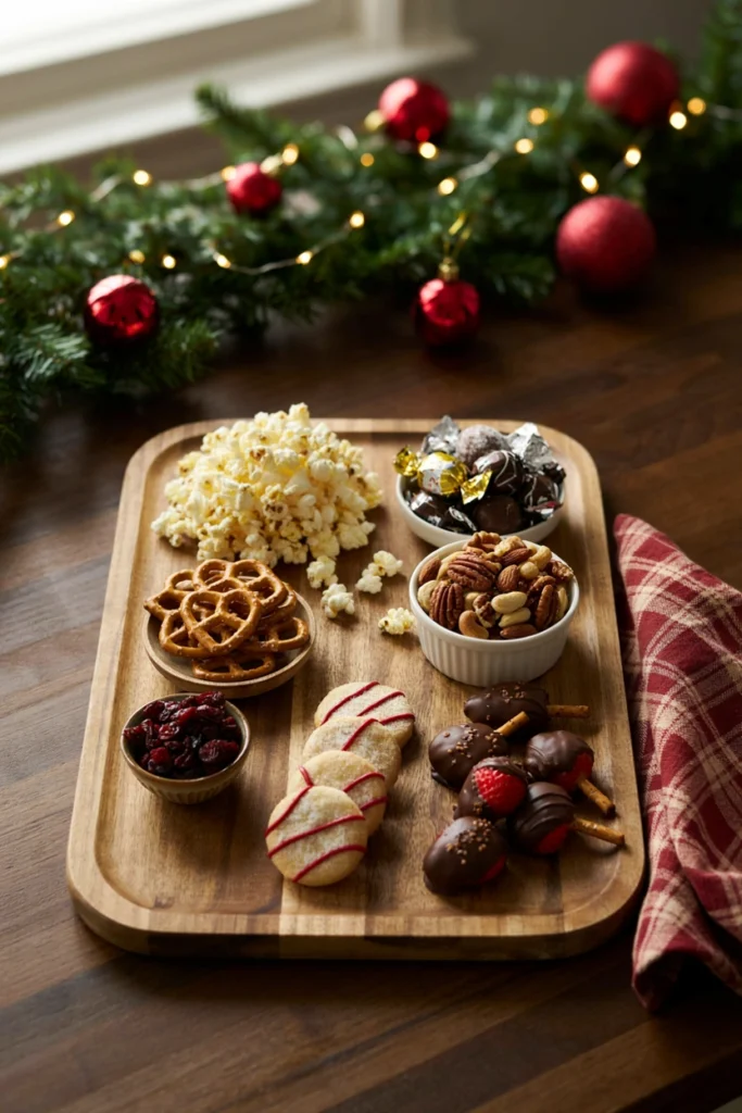 A large snack board with popcorn, mixed nuts, chocolate, and dried fruit arranged in sections