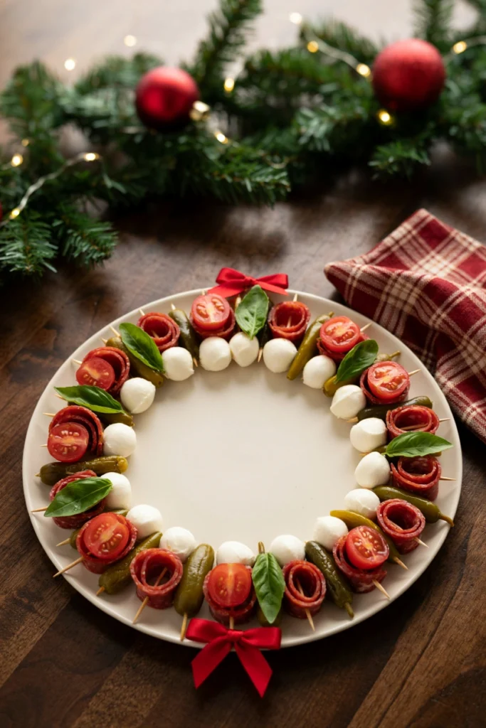 Skewers of antipasto ingredients arranged in a circular wreath shape on a round platter, with a red ribbon bow