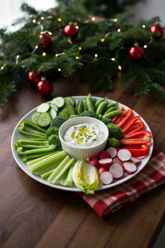 A crudite platter with red and green vegetables arranged around a bowl of herbed yogurt dip