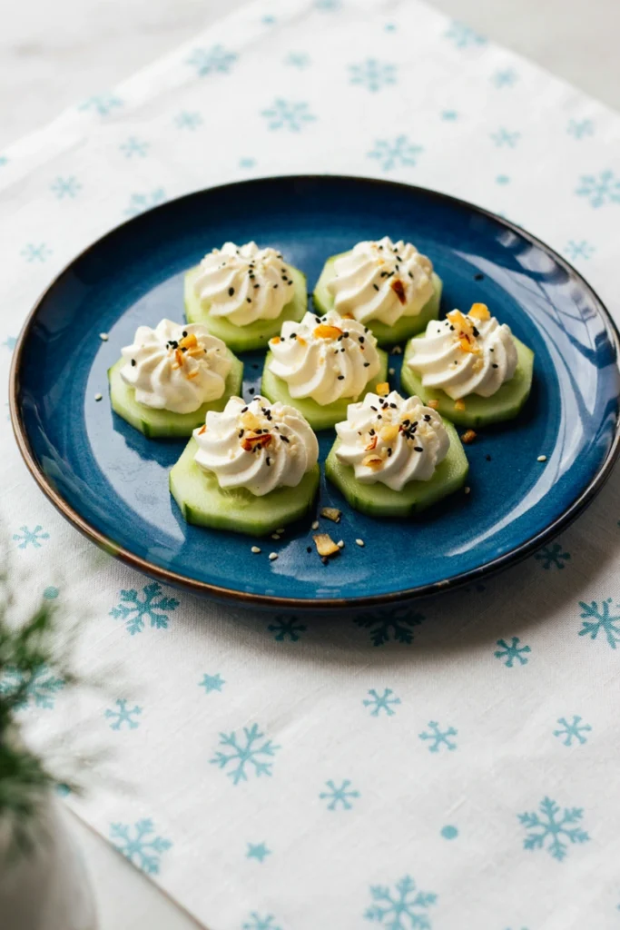 Cucumber rounds topped with cream cheese and everything bagel seasoning