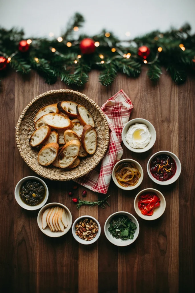 A DIY crostini bar with toasted bread and small bowls of assorted toppings