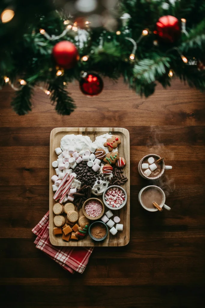 A hot cocoa dessert board with marshmallows, peppermint, and other toppings