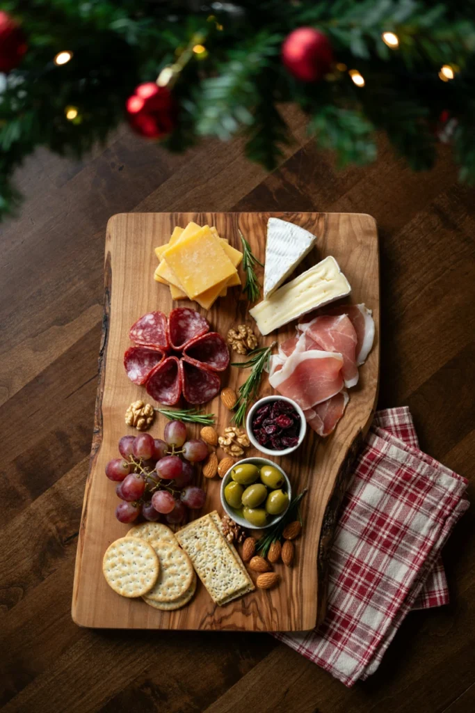 A cozy Christmas charcuterie board with cheeses, meats, and fruit arranged with sprigs of rosemary