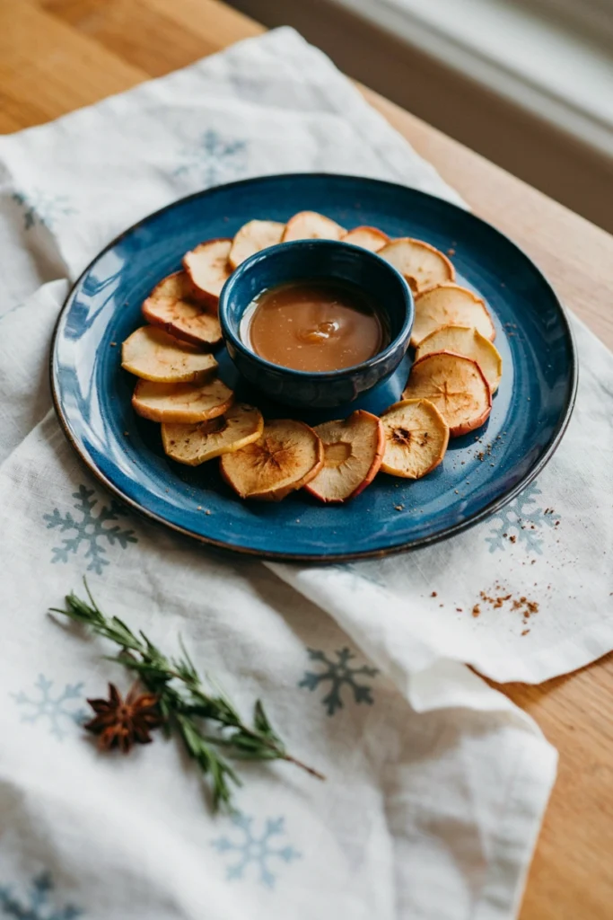 Crisp cinnamon apple chips around a bowl of warm caramel sauce