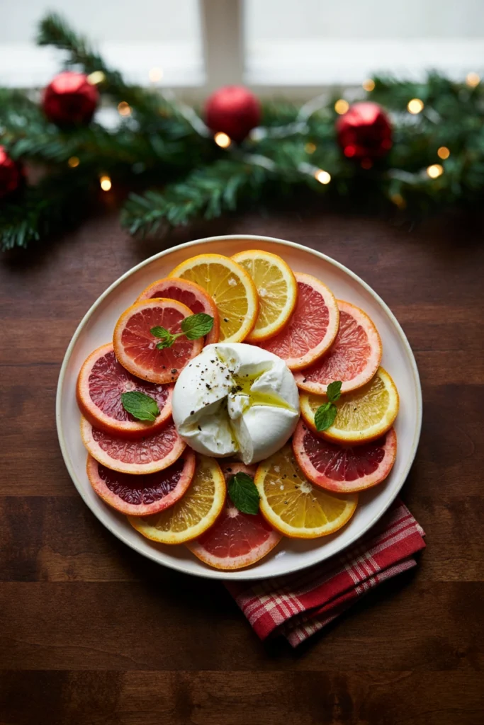 A platter of sliced blood orange and grapefruit with a ball of burrata, drizzled with olive oil and mint