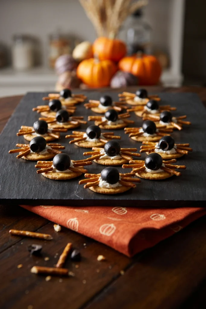 Olive Spiders on Cream Cheese Rounds - Halloween appetizer recipe