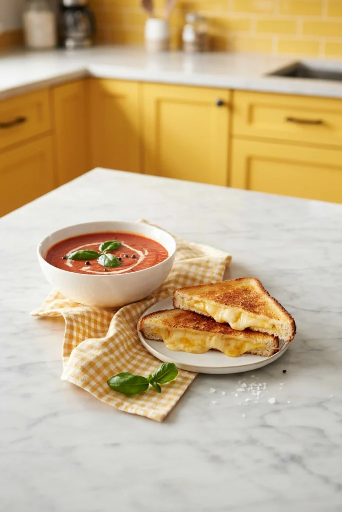 Tomato basil soup served with grilled cheese
